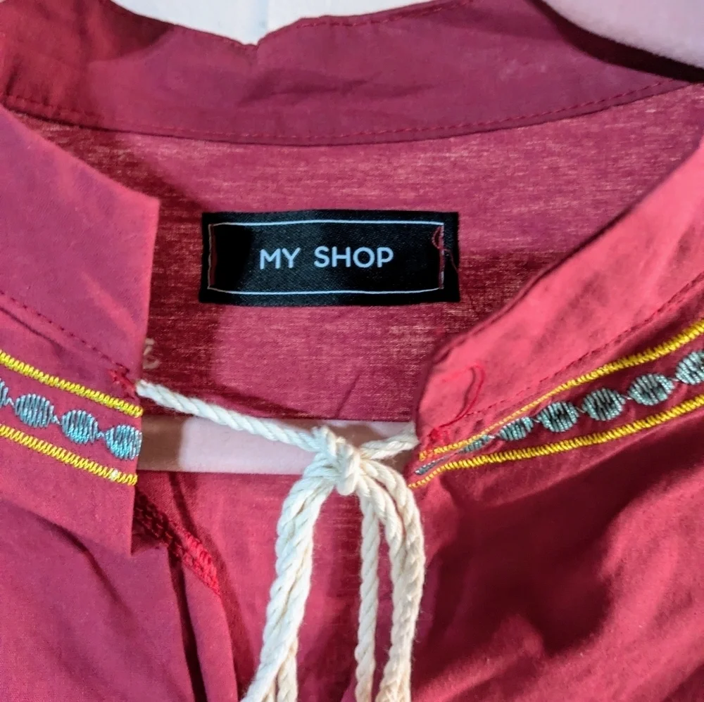 Boho Embroidered Burgundy Peasant Mini Dress Floral Sleeve Festival‎ Cottagecore - Picture 6 of 11